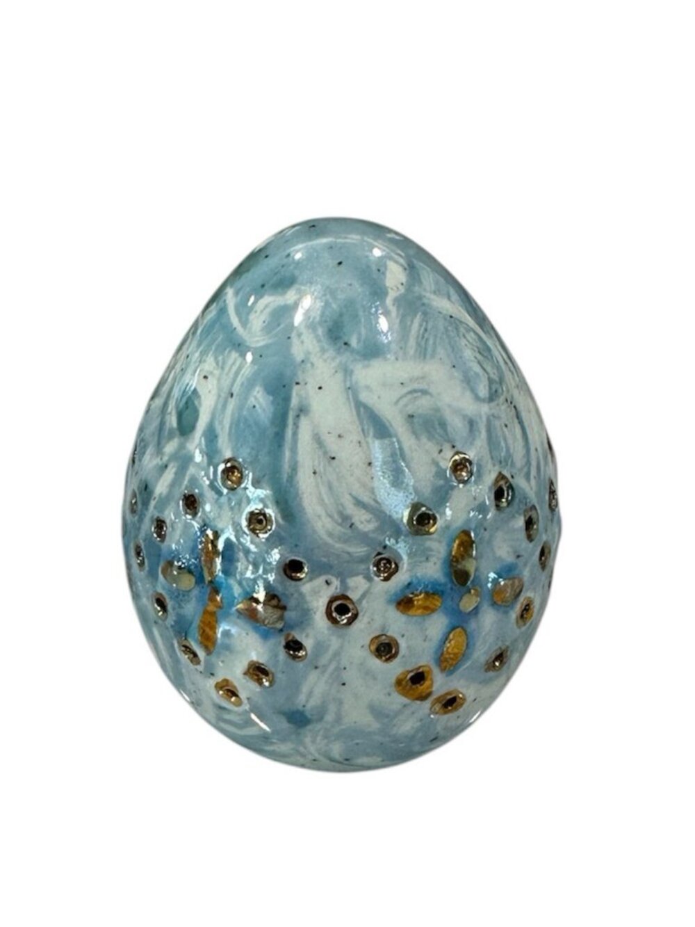 Signed Studio Pottery Ceramic Egg Luminary Tea Light Candle Holder Blue Gold BB